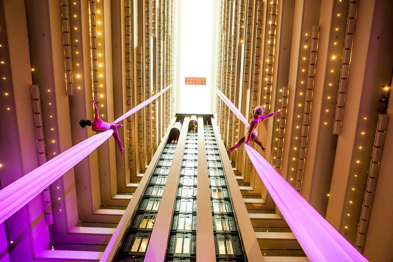 100m long Aerial Silks at a hotel gala rental event. Happy Trix Circus clients. Performances!